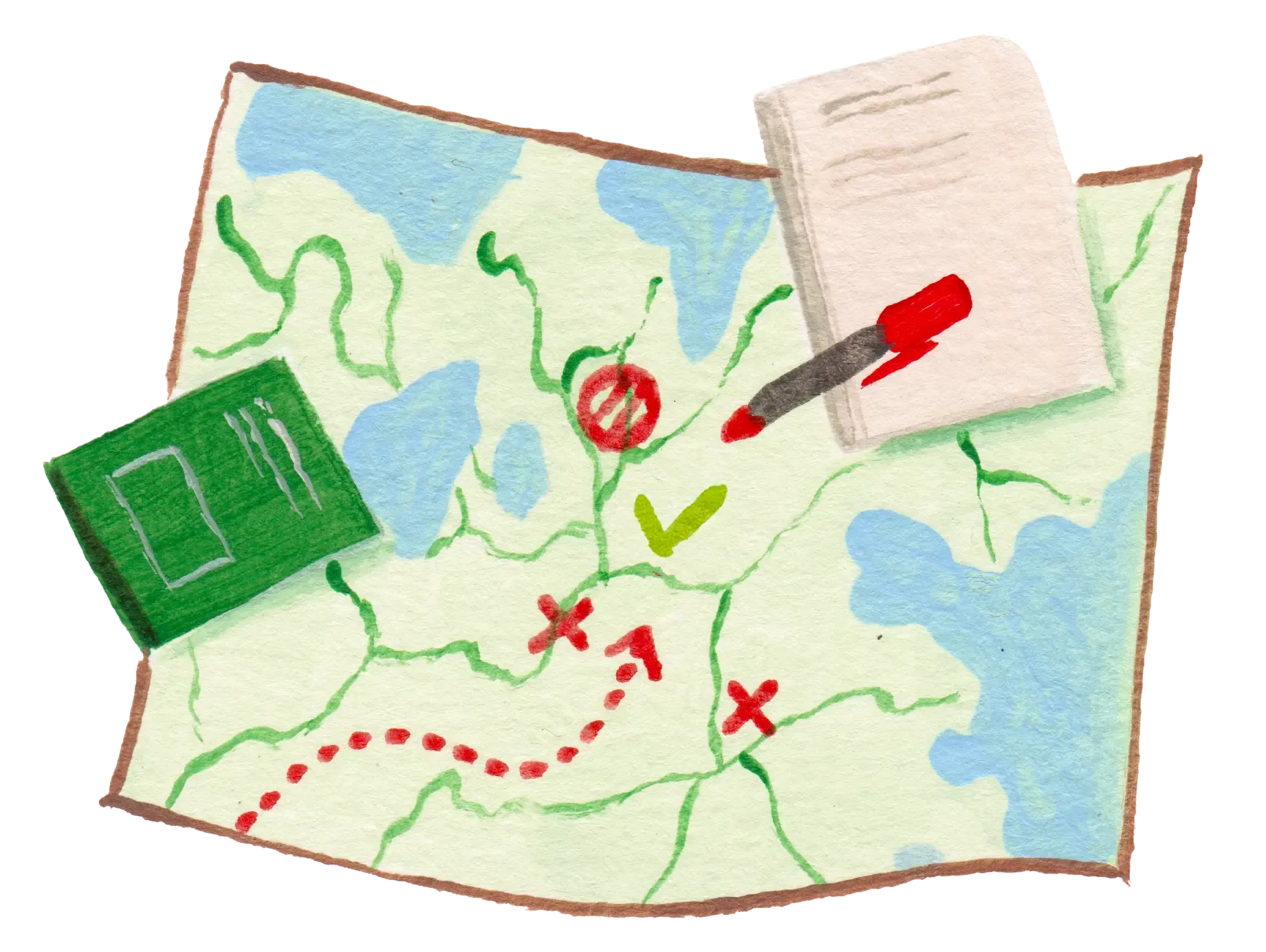 Illustration of a map with a route marked on it