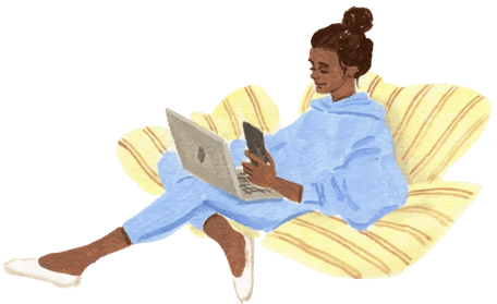 Illustration of a person using a laptop while sitting in a striped chair